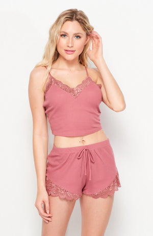 Solid lace scallop trim cami and short set