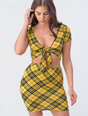 Plaid Tie Front Top And Mini Skirt Set