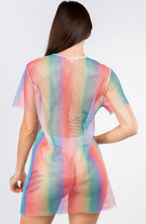 Sheer rainbow mesh coverup dress