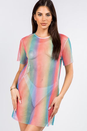 Sheer rainbow mesh coverup dress