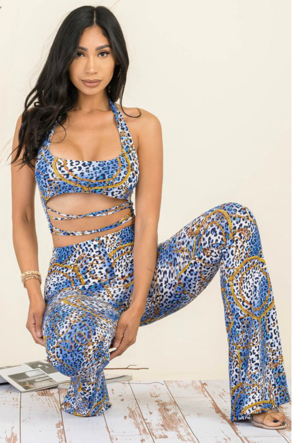 Halter top with waist detail flare pants set