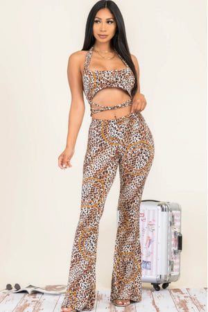 Halter top with waist detail flare pants set