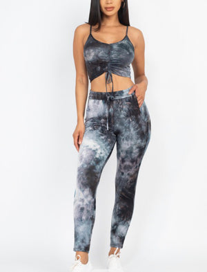Tie-Dye Ruched Crop Top And Pants Set