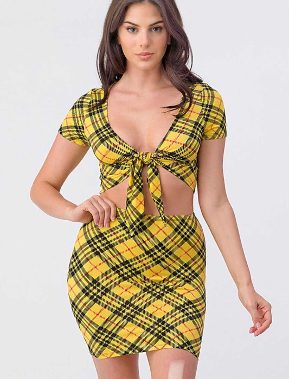 Plaid Tie Front Top And Mini Skirt Set